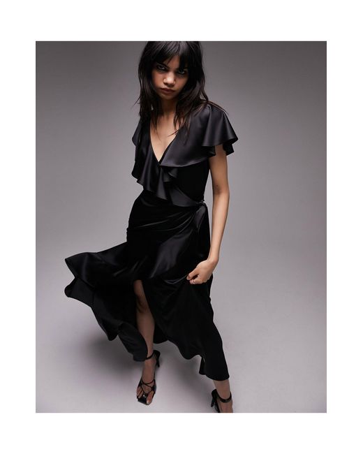 TOPSHOP Wrap Maxi Dress With Frill Sleeve in Black | Lyst