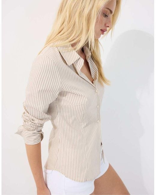 Stradivarius White Basic Striped Fitted Shirt