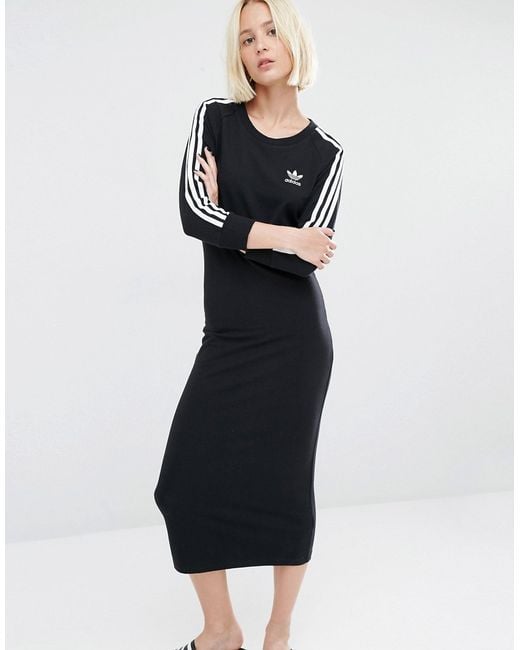 adidas Originals Cotton Originals Three Stripe Maxi Dress - Black | Lyst
