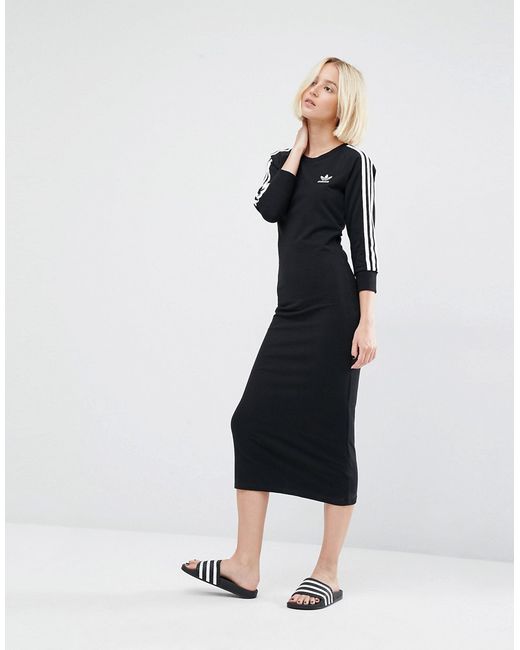adidas Originals Cotton Originals Three Stripe Maxi Dress - Black | Lyst