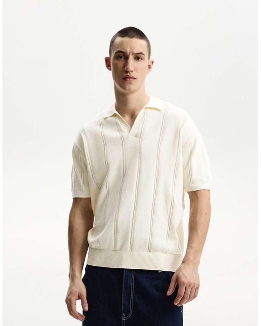 Bershka White Textured Short Sleeve Polo Shirt for men