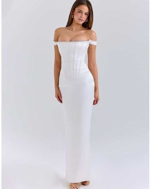 House Of Cb White Isis Ivory Satin Corset Maxi Dress