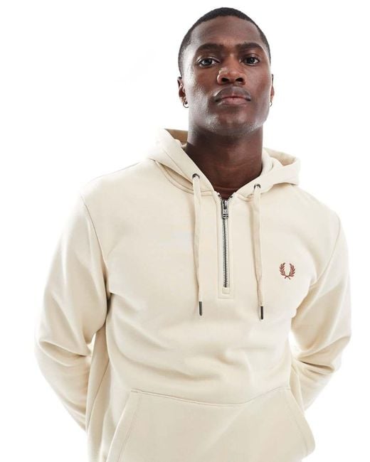 Fred Perry Half Zip Pullover Hoodie in Natural for Men Lyst UK