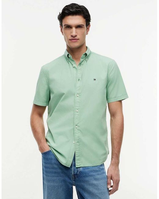 Tommy Hilfiger Green Regular Fit Washed Poplin Short Sleeve Shirt for men
