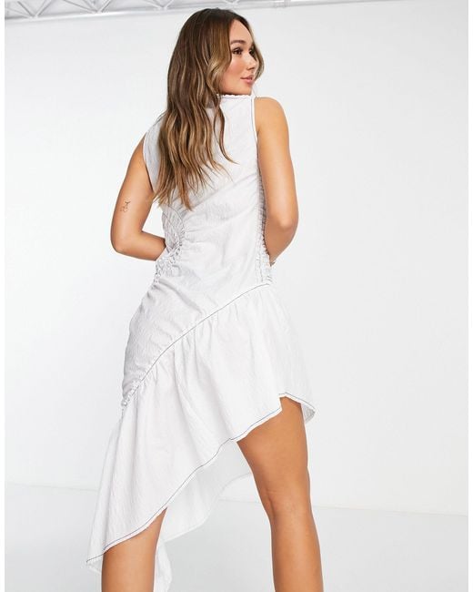 TOPSHOP White Seersucker Contrast Stitch Midi Dress