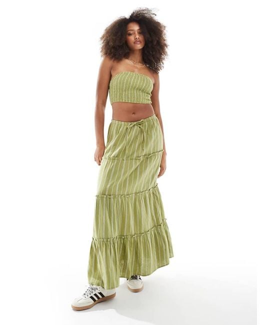 Wednesday's Girl Green Striped Tiered Maxi Skirt Co-Ord