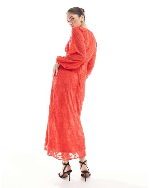 New Look Red Devore Long Sleeve Midi Dress