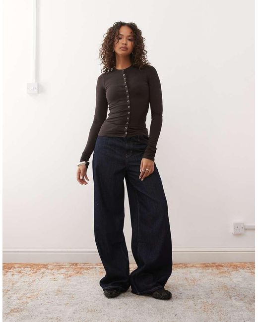 Weekday Black Slim Fit Button Front Long Sleeve Top