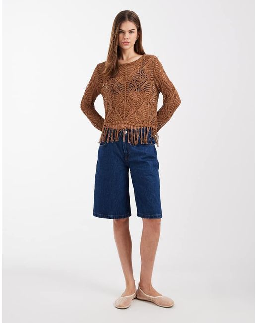 ONLY Blue Boho Fringe Detail Crochet Top