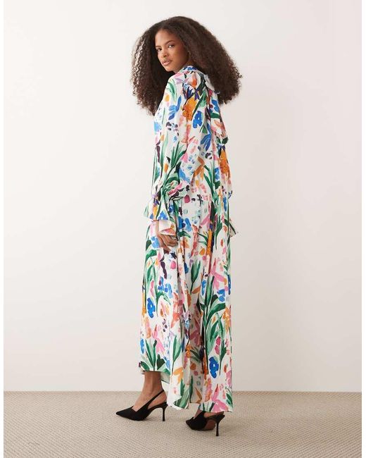 Iyal Blue High Neck Cuff Sleeve Detail Floaty Maxi Dress