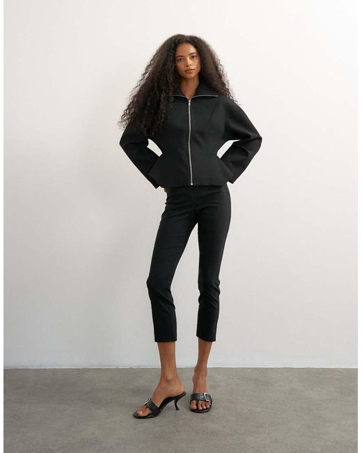 TOPSHOP Black Tailored Zip Through Peplum Top