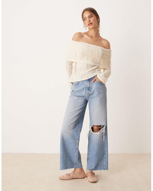 ASOS Natural Crochet Semi Sheer Bardot Top With Asymmetric Hem