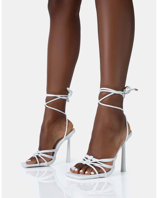 Public Desire Brown Glow Up Pu Knotted Strappy Lace Up Square Toe Stiletto Heels