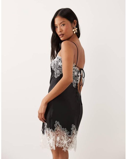 ASOS Black Asos Design Petite Satin Bias Lace Applique Mini Dress