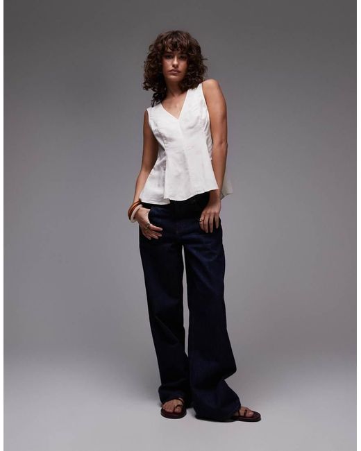 Top Con Cuello De Pico Y Sobrefalda De Mezcla De Lino De Mango de color Gray