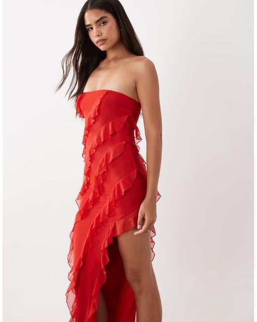 Oh Polly Red Bandeau Asymmetric Ruffle Detail Maxi Dress