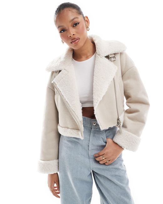 Stradivarius Natural Borg Lined Cropped Aviator