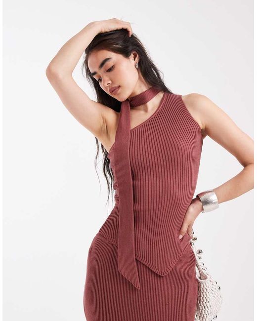 4th & Reckless Red Rib Knit Scarf Detail Asymmetric Top Co-Ord