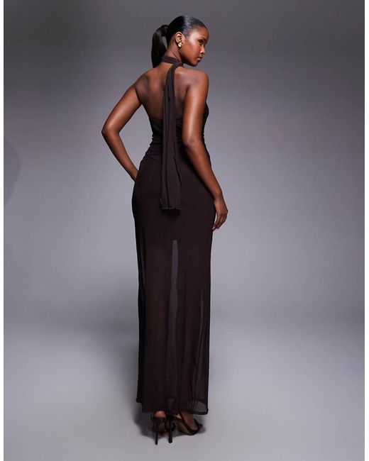 Fashionkilla Blue Exclusive Mesh Overlay Neck Tie Detail Sheer Hem Maxi Dress