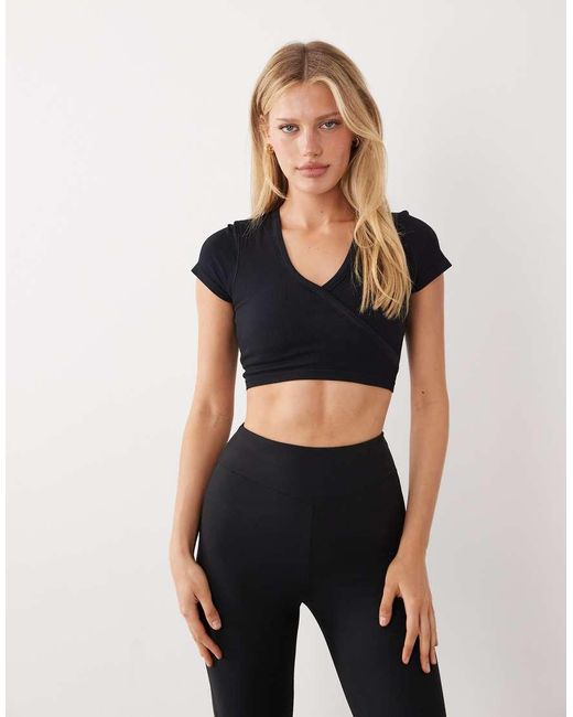 4505 Black Seamless Baby Rib Wrap Front Short Sleeve Top