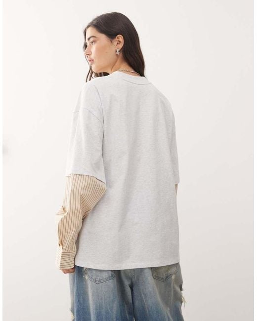 Lioness 2 In 1 Oversized T-shirt Overlay And Striped Long Sleeve Shirt In White And Beige Stripe