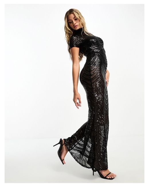 Club L London Black Striped Sequin High Neck Fishtail Maxi Dress