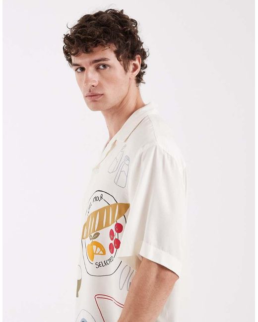 SELECTED Natural X Hotel Amour Short Sleeve Shirt With Dinner Print for men