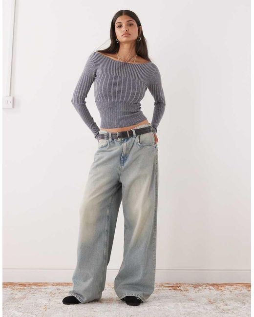 Collusion Gray Knitted Off Shoulder Washed Long Sleeve Top