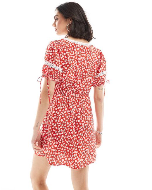 Wednesday's Girl Red Ditsy Floral Mini Tea Dress