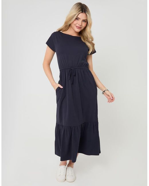 Threadbare Blue Drawstring Waist Boat Neck Cotton Jersey Maxi Dress