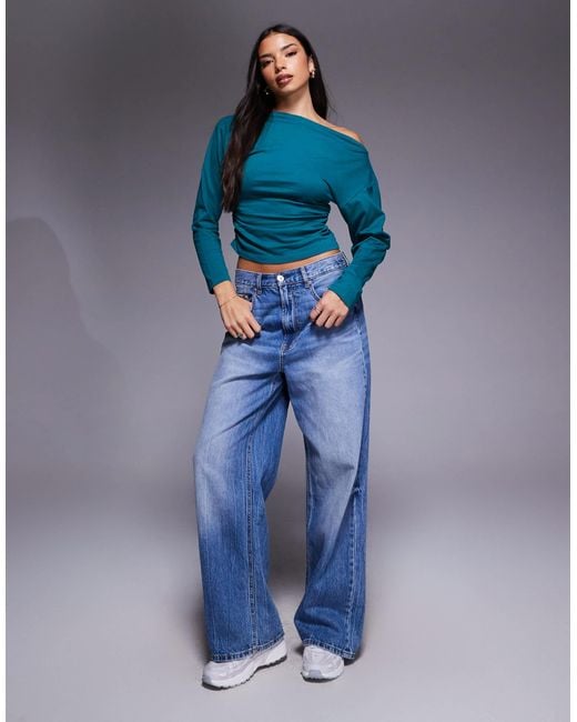 ASOS Blue Off Shoulder Cinched Waist Long Sleeve Asymmetric Top