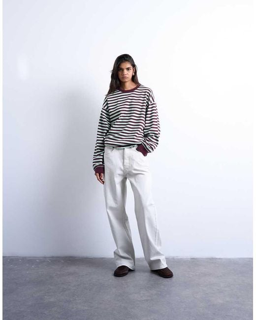 TOPSHOP Gray Striped Long Sleeve Slouchy Skater Tee