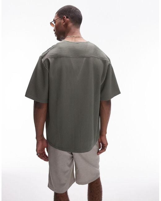 Topman Gray Short Sleeve Collarless Plisse Shirt for men