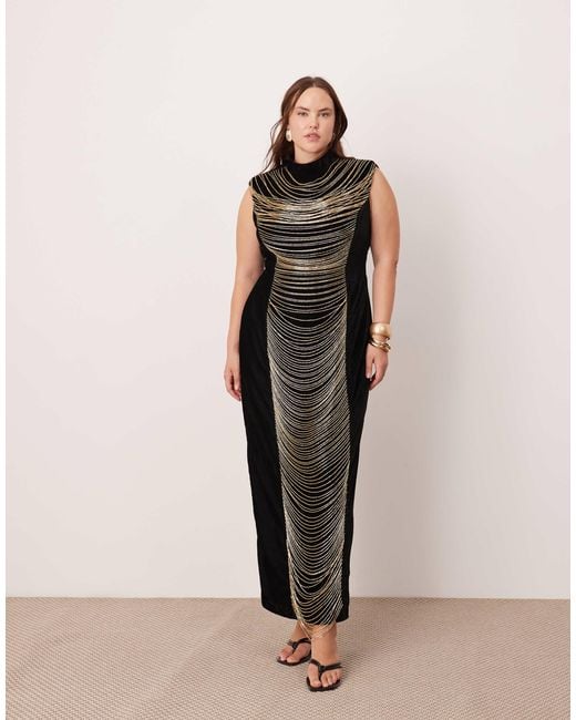 ASOS Curve Velvet Embellished Contour Draped Fringe High Neck Midi Dress in Black