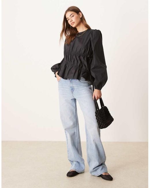 Glamorous White Long Sleeve Poplin Asymmetric Shirred Top