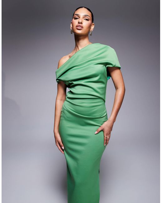 ASOS Green Structured Midi Dress With Fallen Shoulder