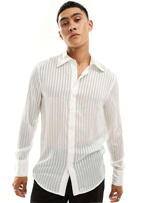 ASOS White Sheer Stripe Regular Shirt With 70's Collar for men