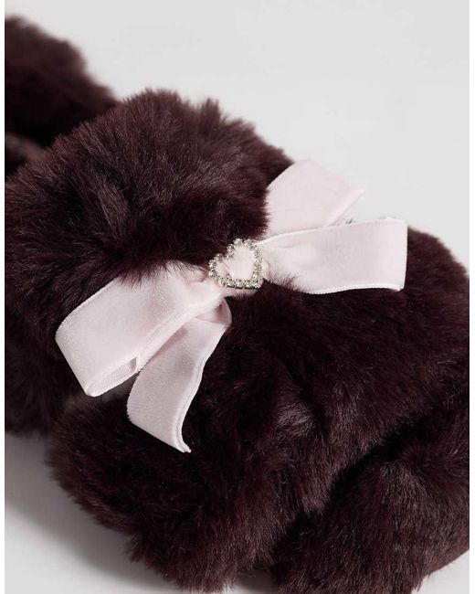 Boux Avenue Brown Open Toe Diamante Heart Bow Front Plush Slippers