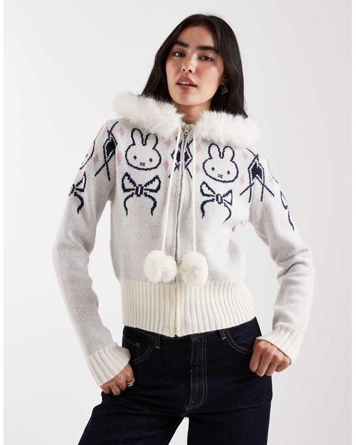 Daisy Street Gray X Miffy Zip Up Knit Cardigan With Pom Poms