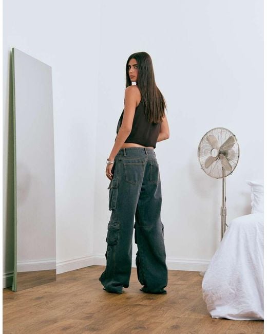 Lioness Black Exclusive Sweetness Low Rise Pocket Detail Oversized Cargo Jeans