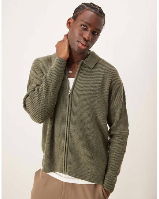 ASOS Green Oversized Ribbed Knitted Zip Through Cardigan With Collar for men