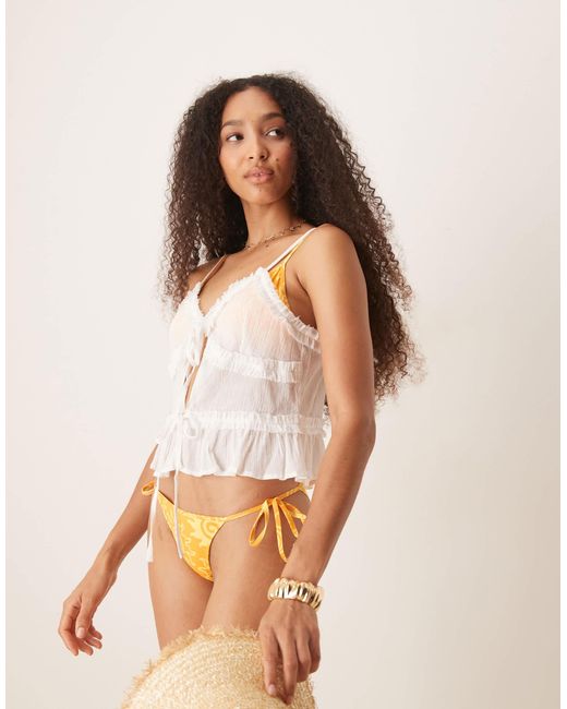 ASOS Natural Crinkle Ruffle Detail Tie Front Crop Beach Top