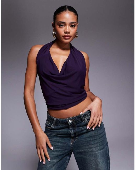 Princess Polly Blue Carefree Days Cowl Halterneck Open Back Strap Detail Top