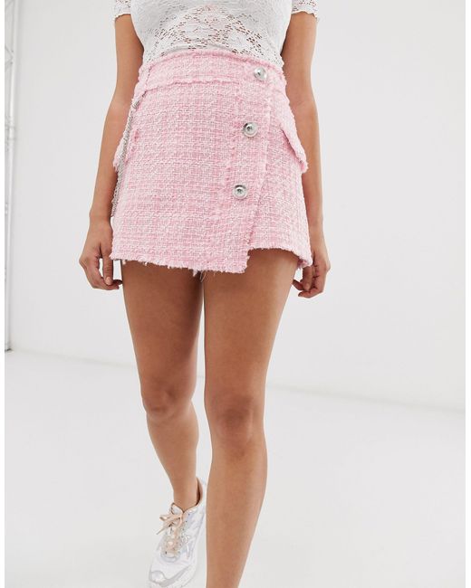 Bershka Tweed Button Front Skort in Pink | Lyst Australia