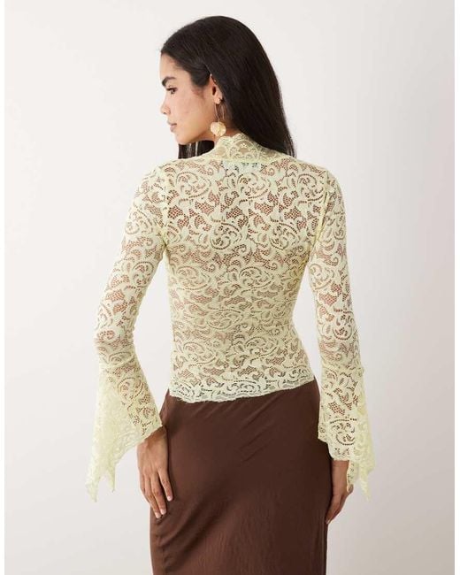 I.AM.GIA Natural Gemma Semi Sheer Plunge Neck Long Fluted Sleeve Lace Top