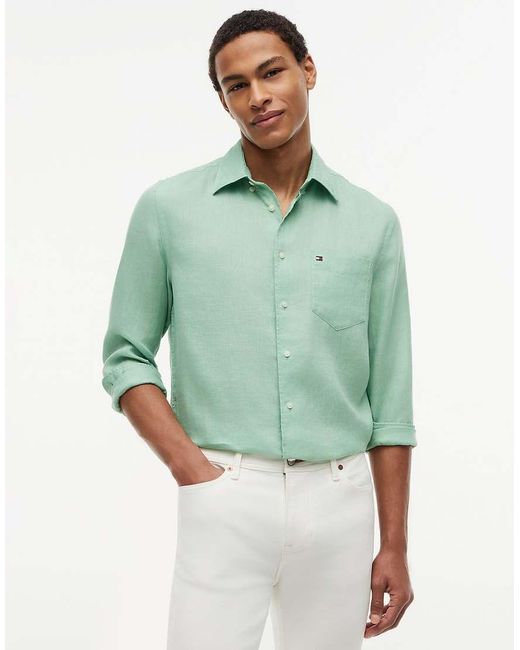 Tommy Hilfiger Green Regular Fit Washed Pure Linen Shirt for men
