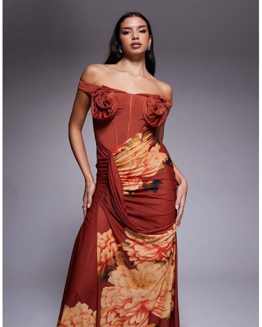 ASOS Orange Floral Bust Detail Bardot Maxi Dress With Draped Skirt