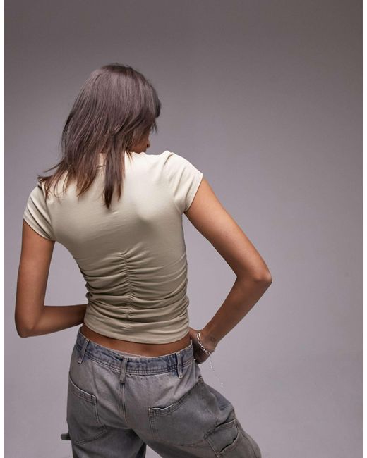 TOPSHOP Brown Ruched Front Short Sleeve Top