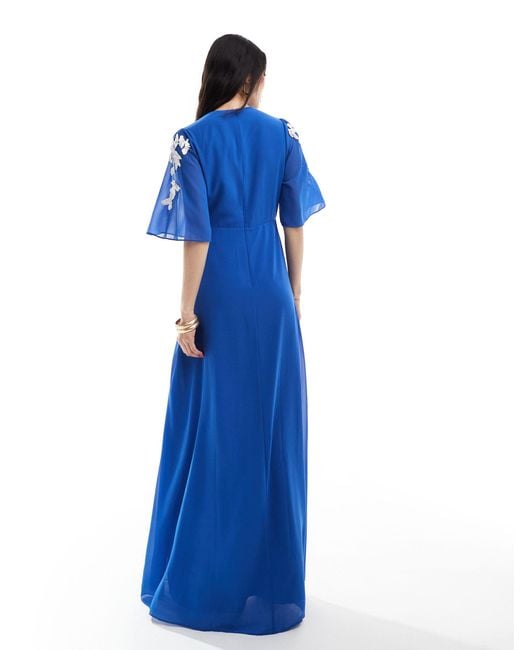 Hope & Ivy Blue Plunge Maxi Dress With Embellished Flowers