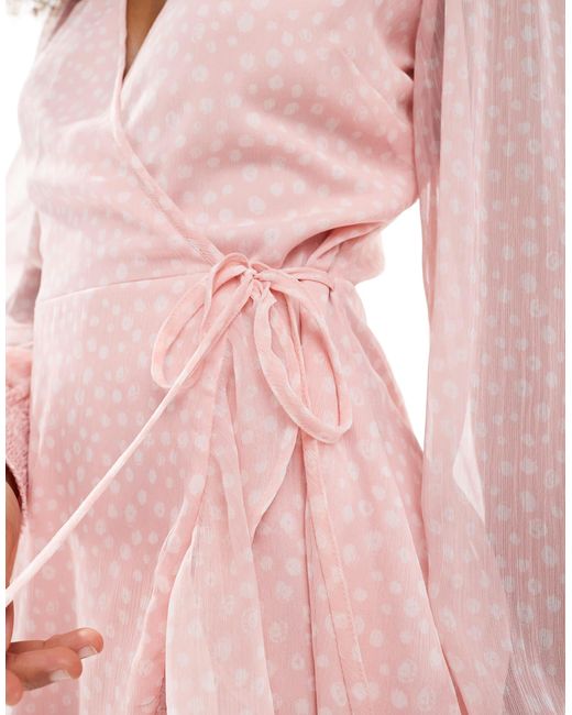 Wednesday's Girl Pink Smudge Spot Ruffle Wrap Mini Dress